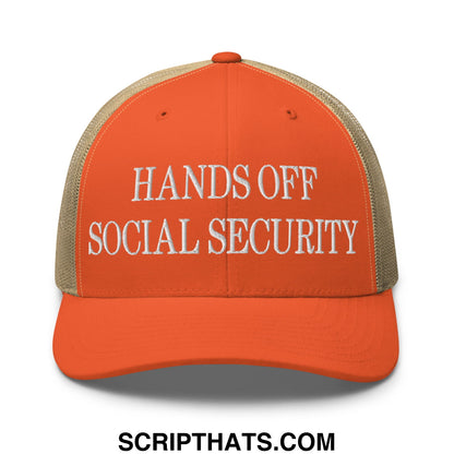 Hands Off Social Security Embroidered Mesh Trucker Hat Rustic Orange Khaki