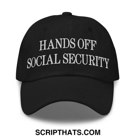Black unstructured dad hat with white embroidered hands off social security text on front