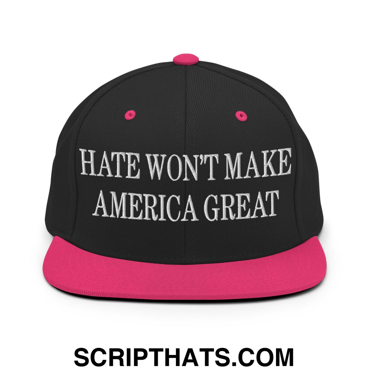 Hate Won't Make America Great Embroidered Flat Bill Brim Snapback Hat Black Neon Pink