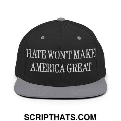 Hate Won't Make America Great Embroidered Flat Bill Brim Snapback Hat Black Silver
