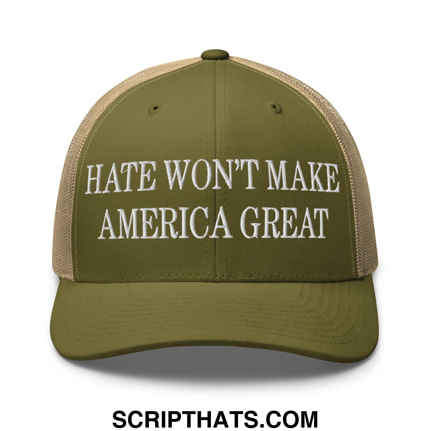 Hate Won't Make America Great Embroidered Mesh Trucker Hat Moss Khaki