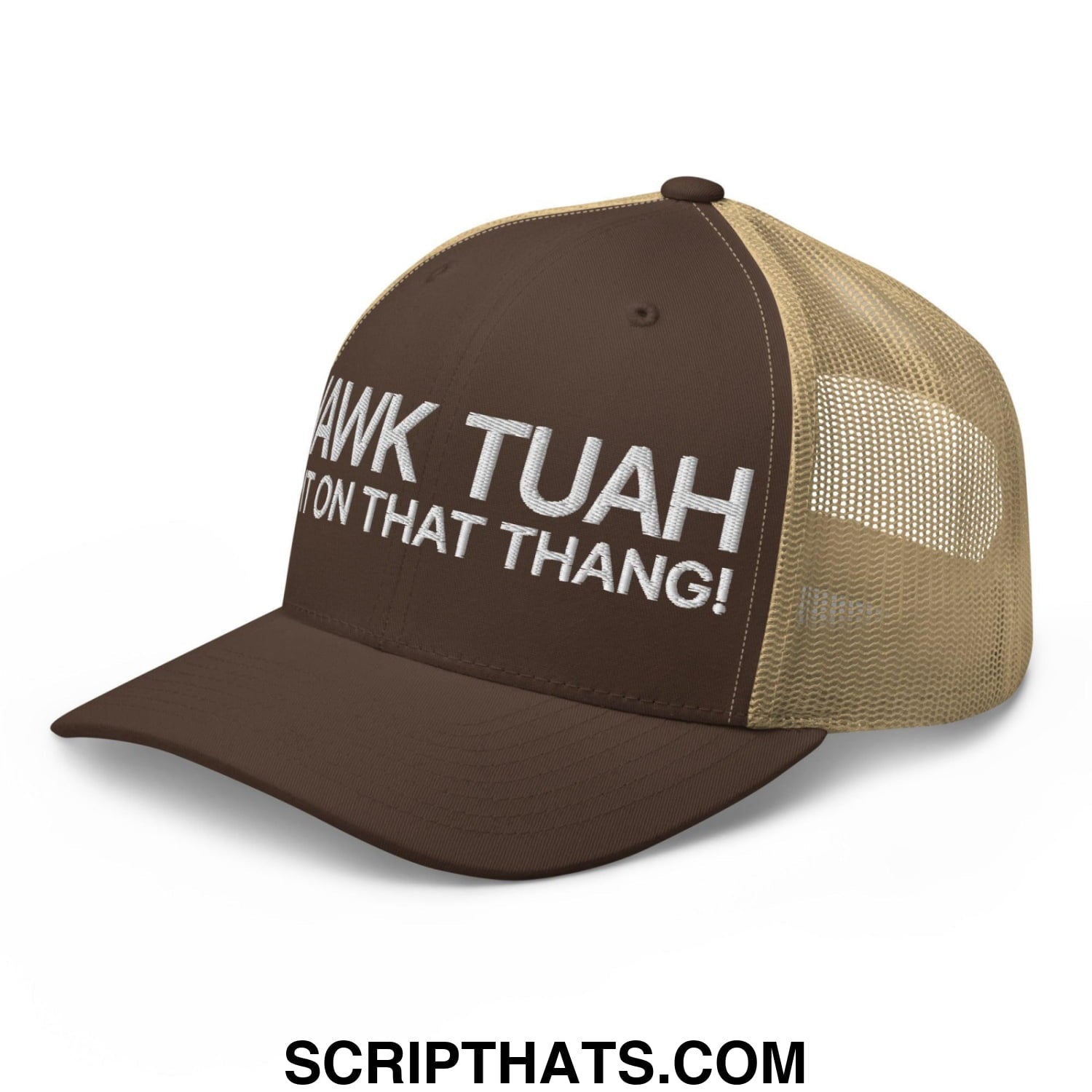 Hawk Tuah Spit on that Thang Retro Trucker Hat Brown Khaki