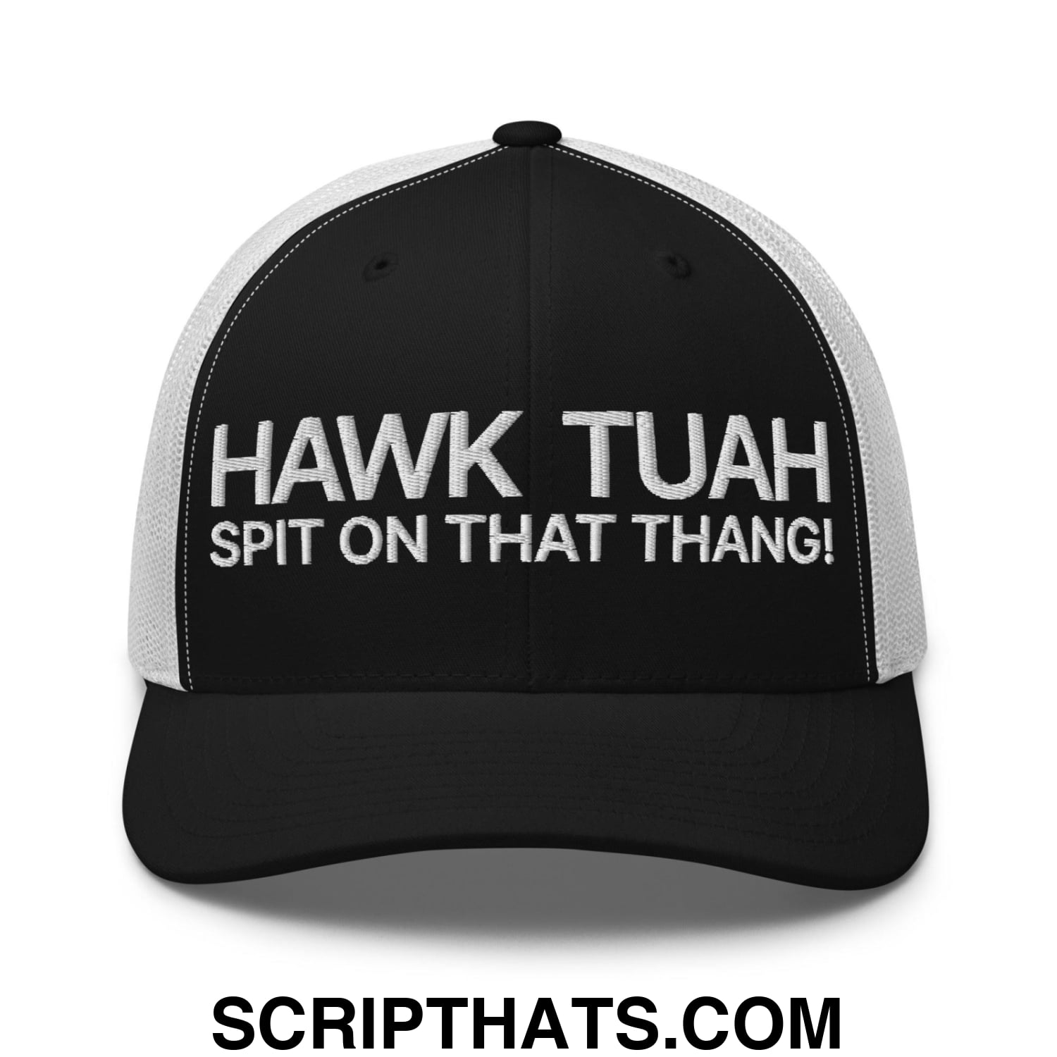 Hawk Tuah Spit on that Thang Retro Trucker Hat Black White