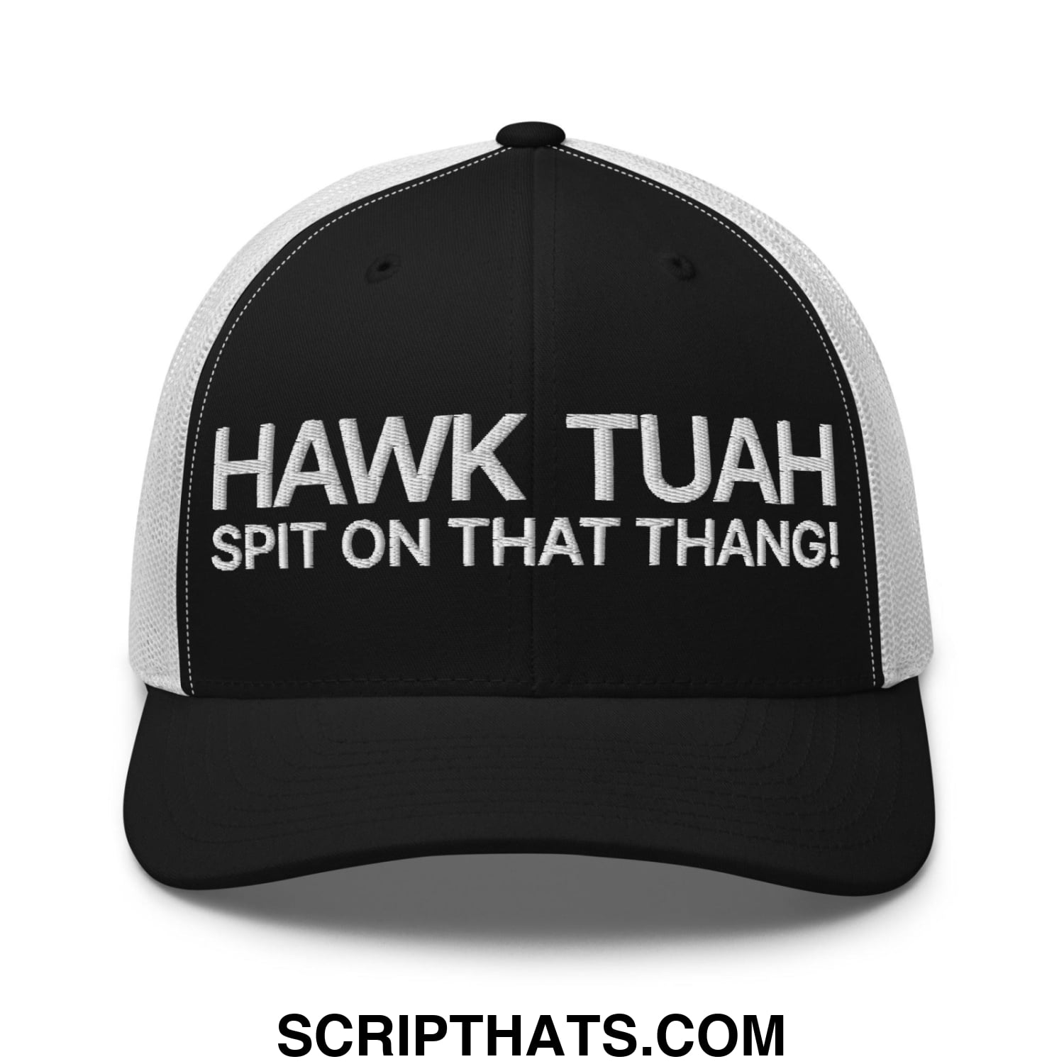 Hawk Tuah Spit on that Thang Retro Trucker Hat Black White