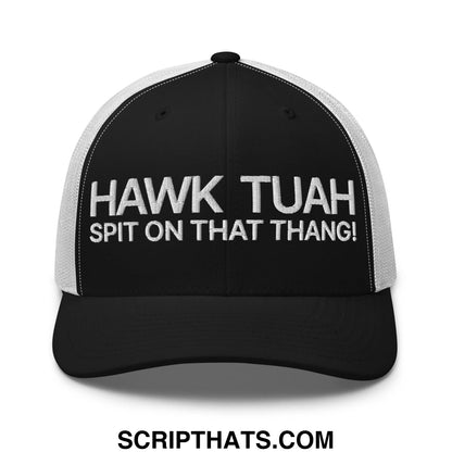 Hawk Tuah Spit on that Thang Retro Trucker Hat Black White