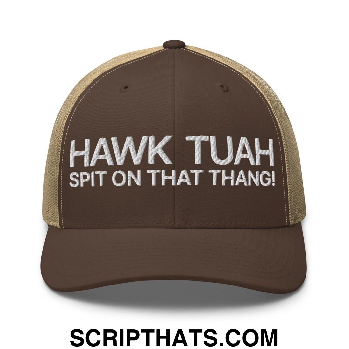 Hawk Tuah Spit on that Thang Retro Trucker Hat Brown Khaki