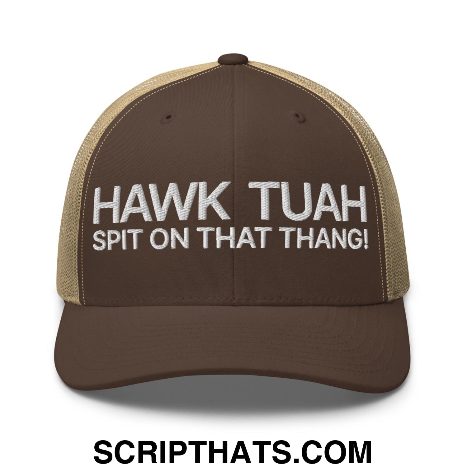 Hawk Tuah Spit on that Thang Retro Trucker Hat Brown Khaki