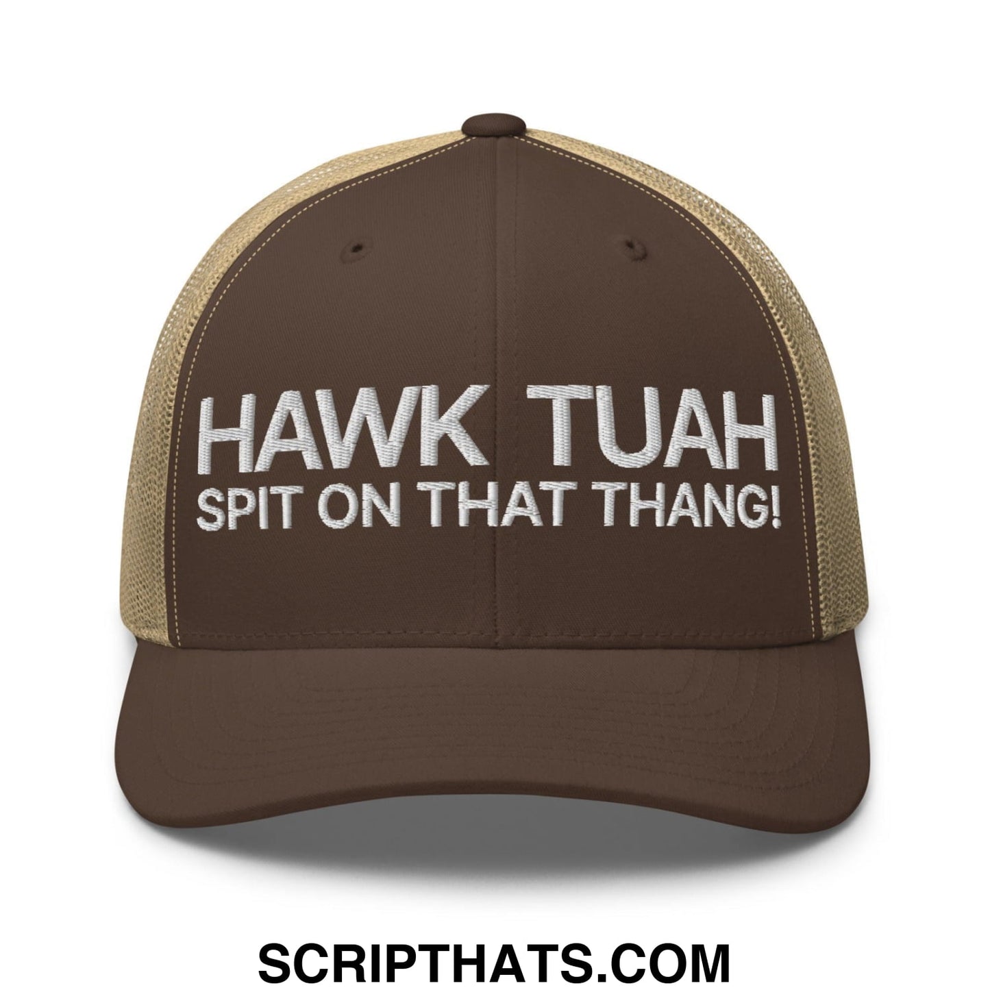 Hawk Tuah Spit on that Thang Retro Trucker Hat Brown Khaki