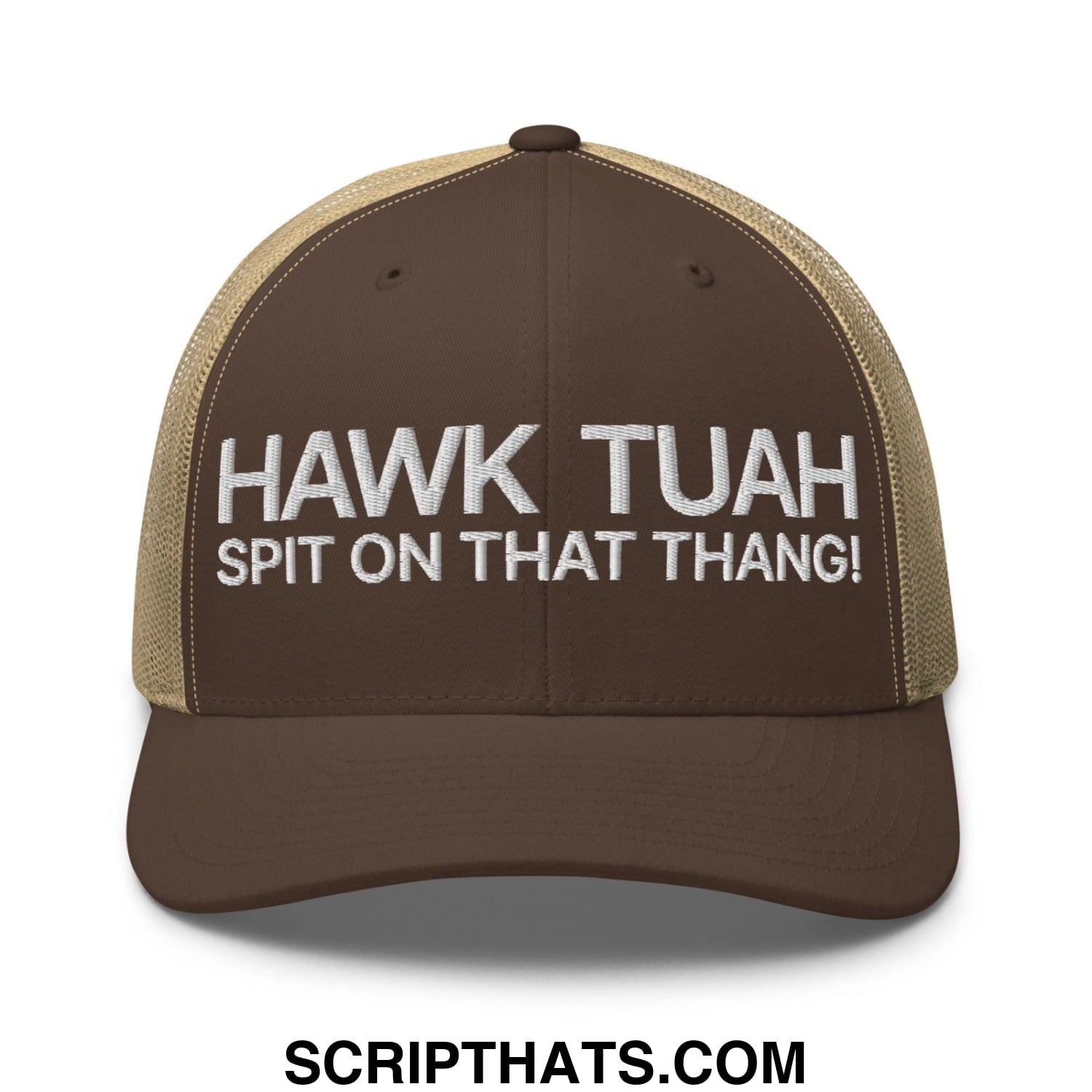 Hawk Tuah Spit on that Thang Retro Trucker Hat Brown Khaki