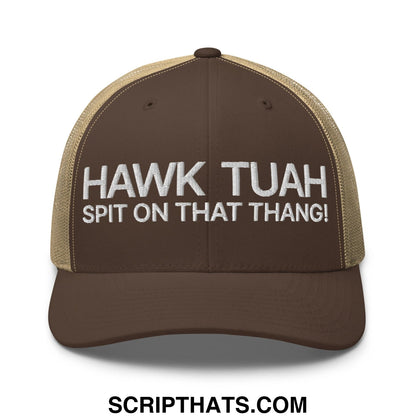 Hawk Tuah Spit on that Thang Retro Trucker Hat Brown Khaki