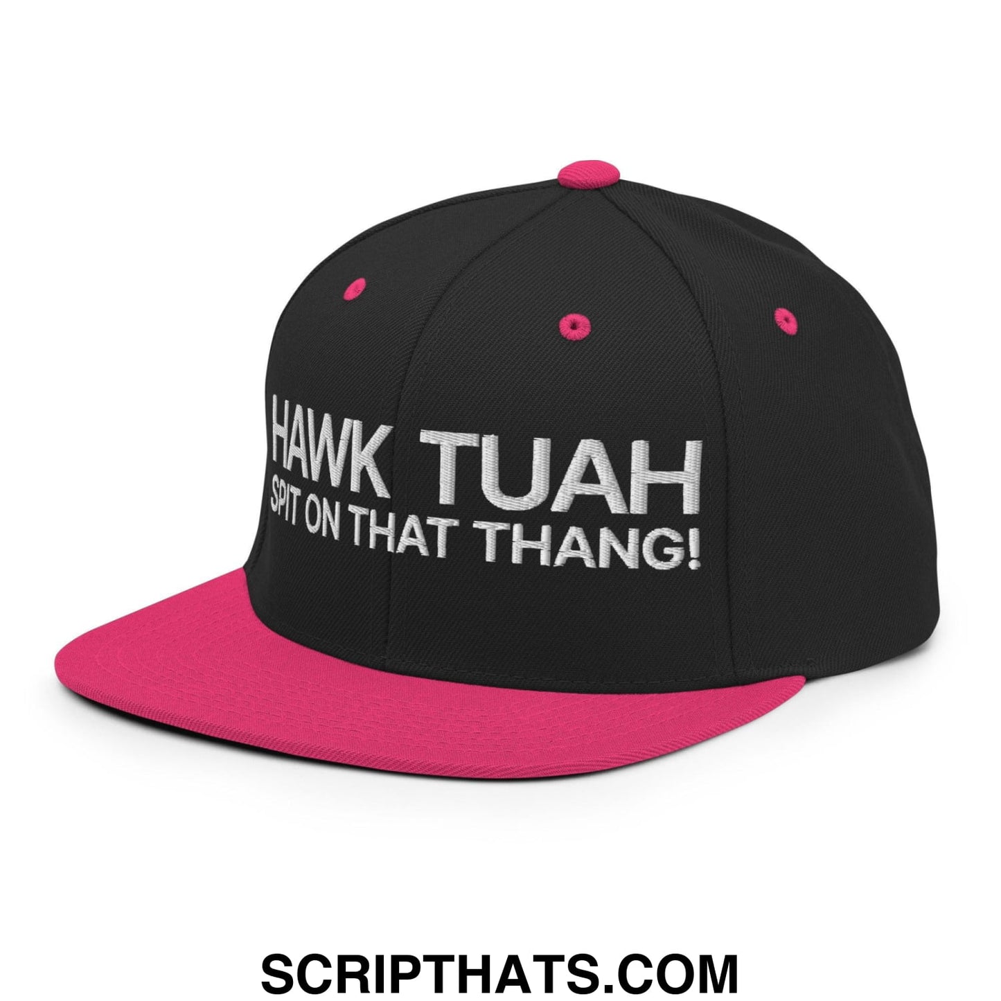 Hawk Tuah Spit on that Thang Snapback Hat Black Neon Pink