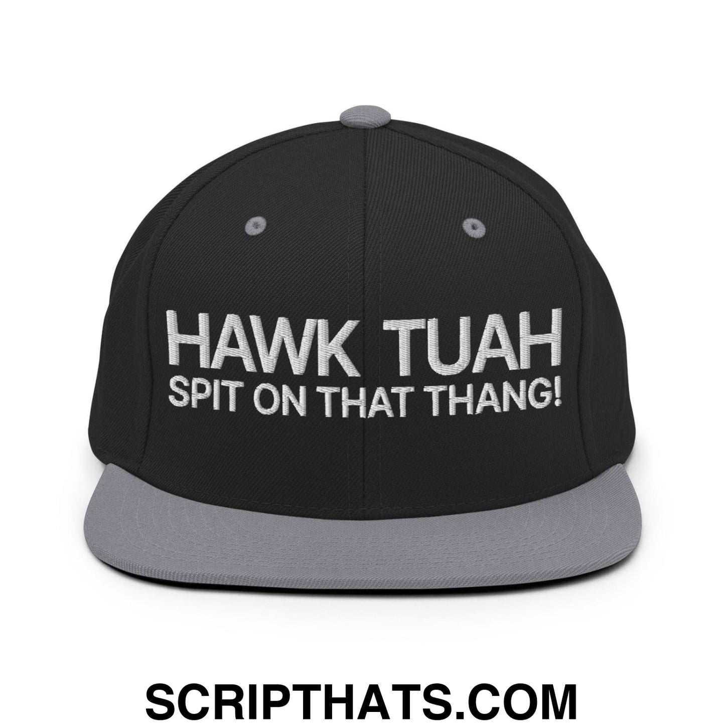 Hawk Tuah Spit on that Thang Snapback Hat Black Silver