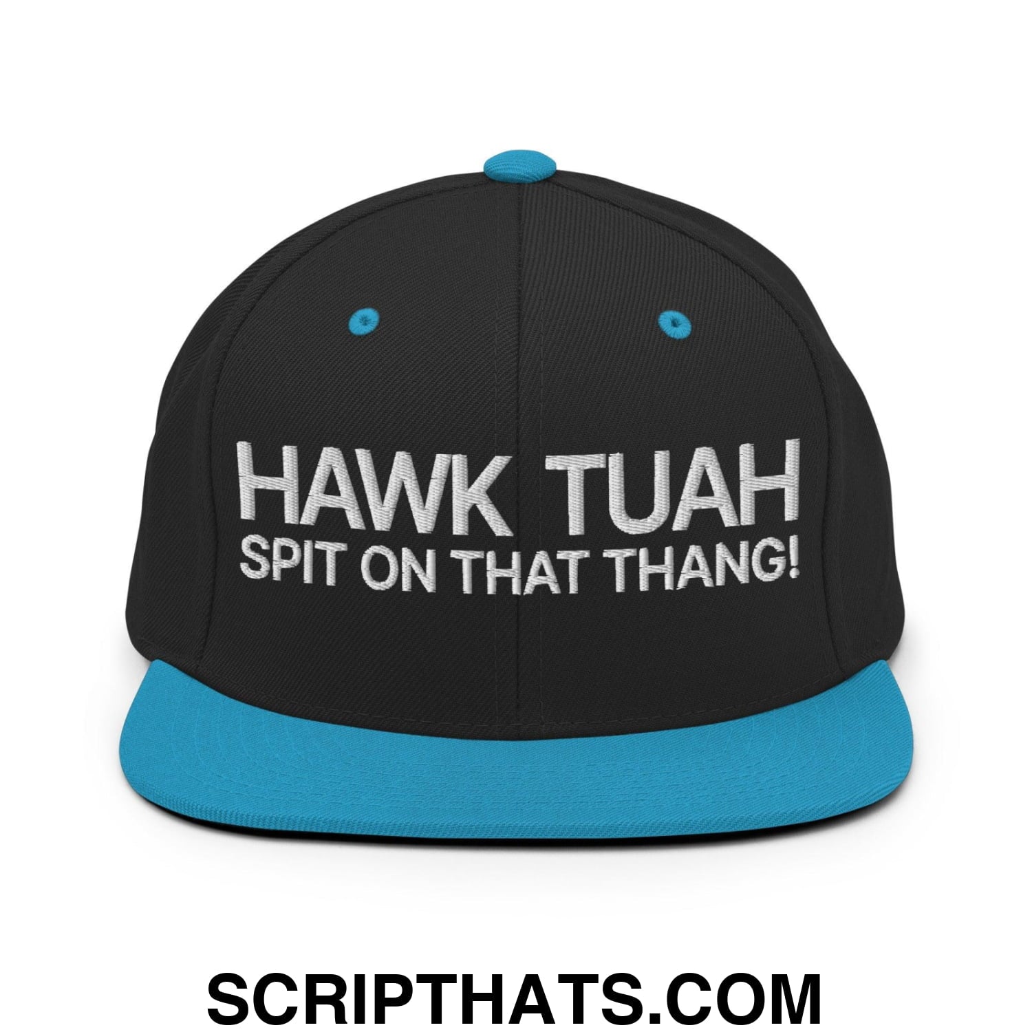 Hawk Tuah Spit on that Thang Snapback Hat Black Teal