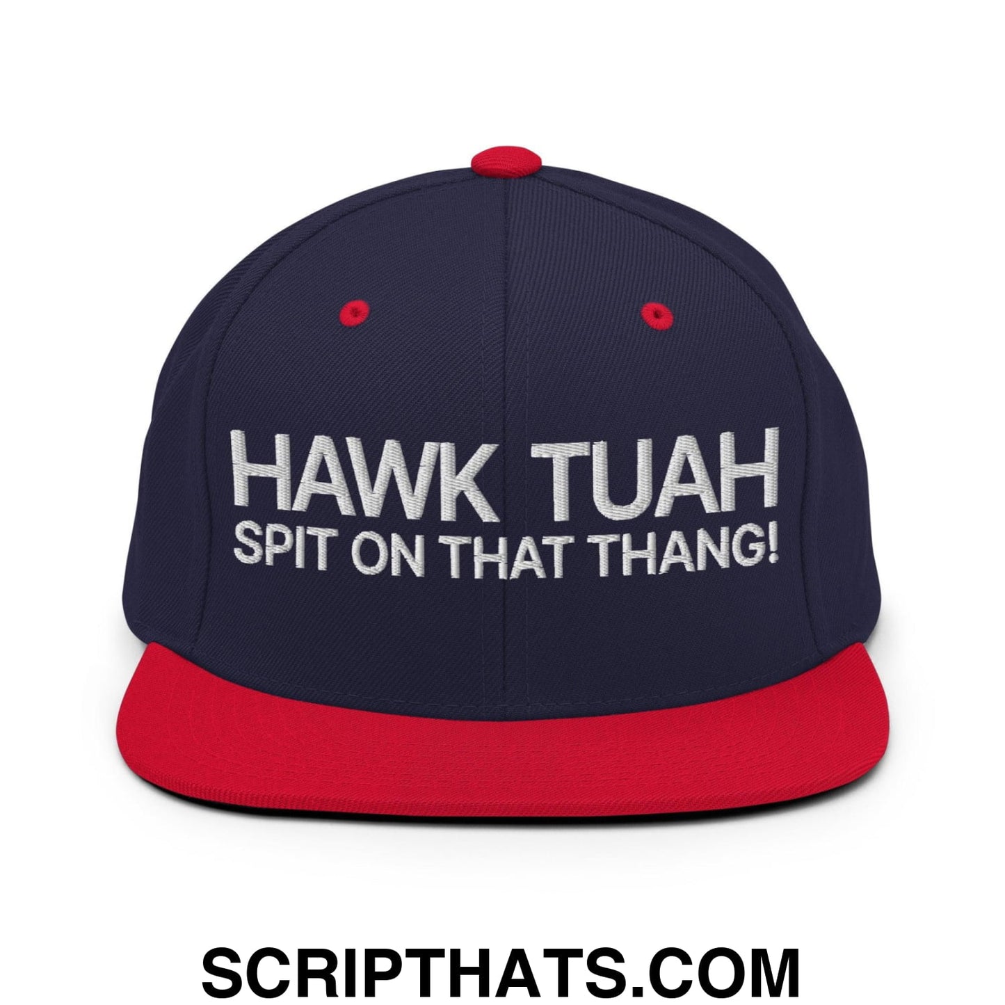 Hawk Tuah Spit on that Thang Snapback Hat Navy Red