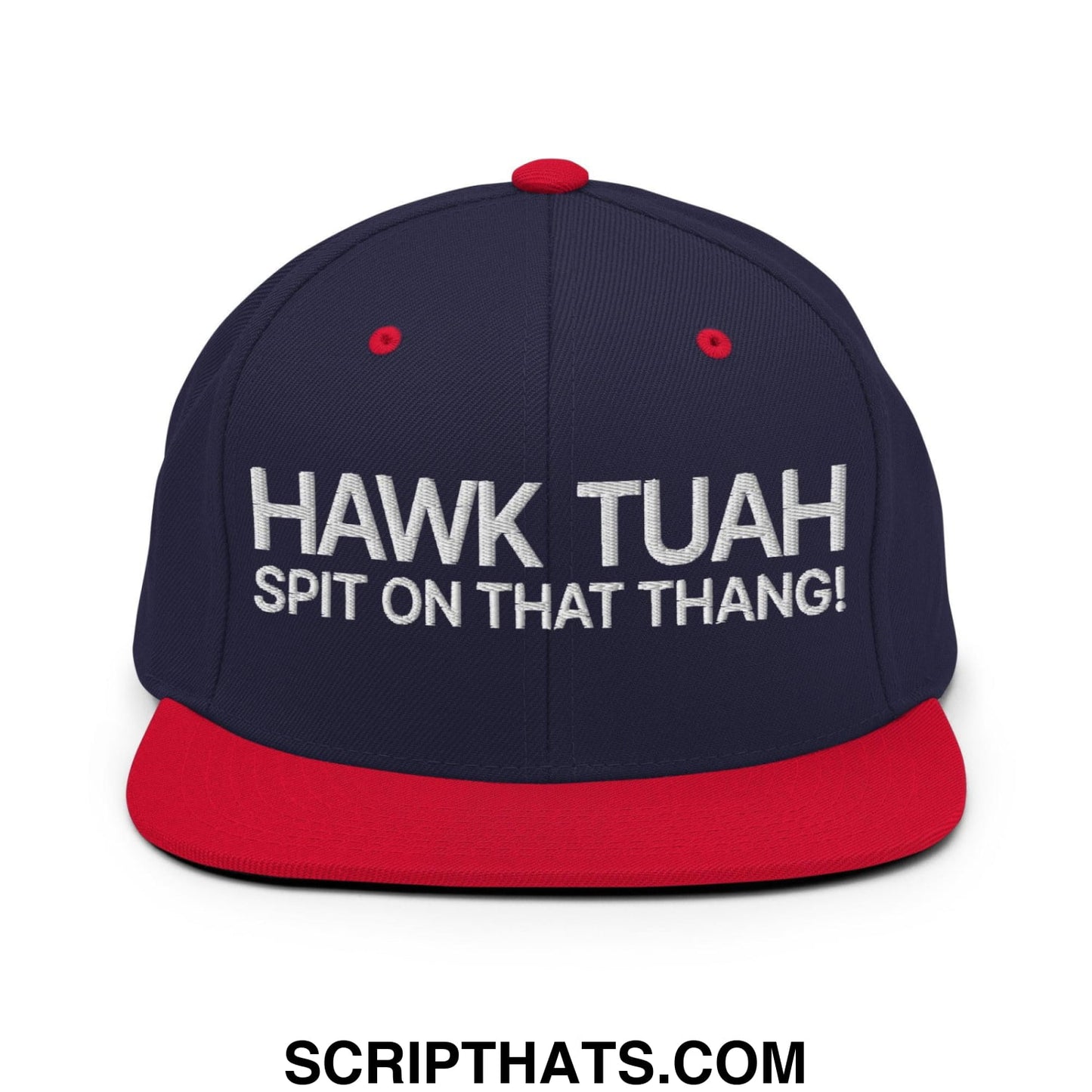 Hawk Tuah Spit on that Thang Snapback Hat Navy Red