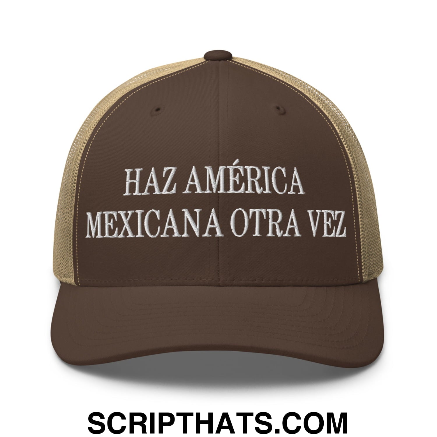 Haz América Mexicana Orta Vez Embroidered Mesh Trucker Hat Brown Khaki