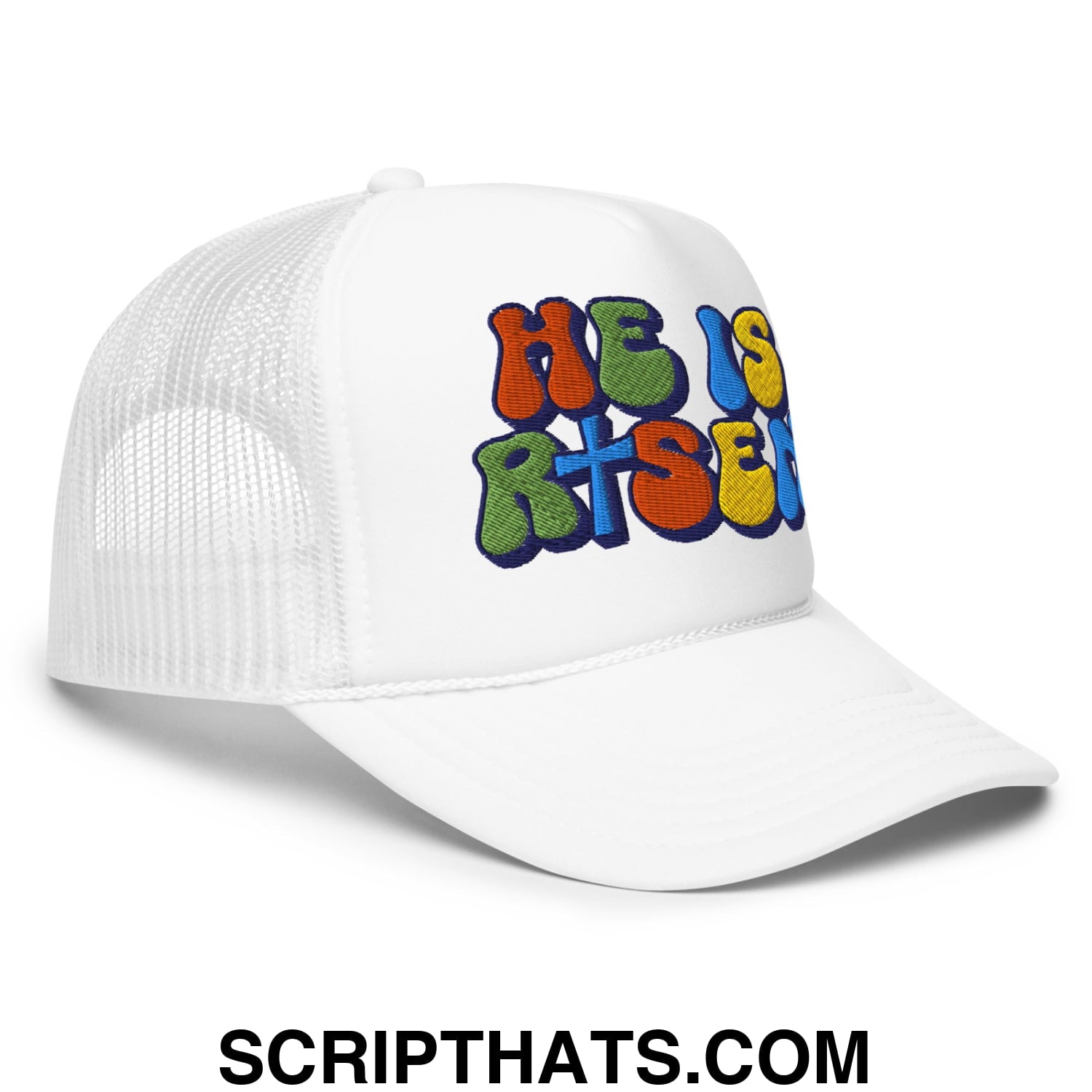 He Is Risen Jesus Easter Embroidered Foam Mesh Trucker Hat White