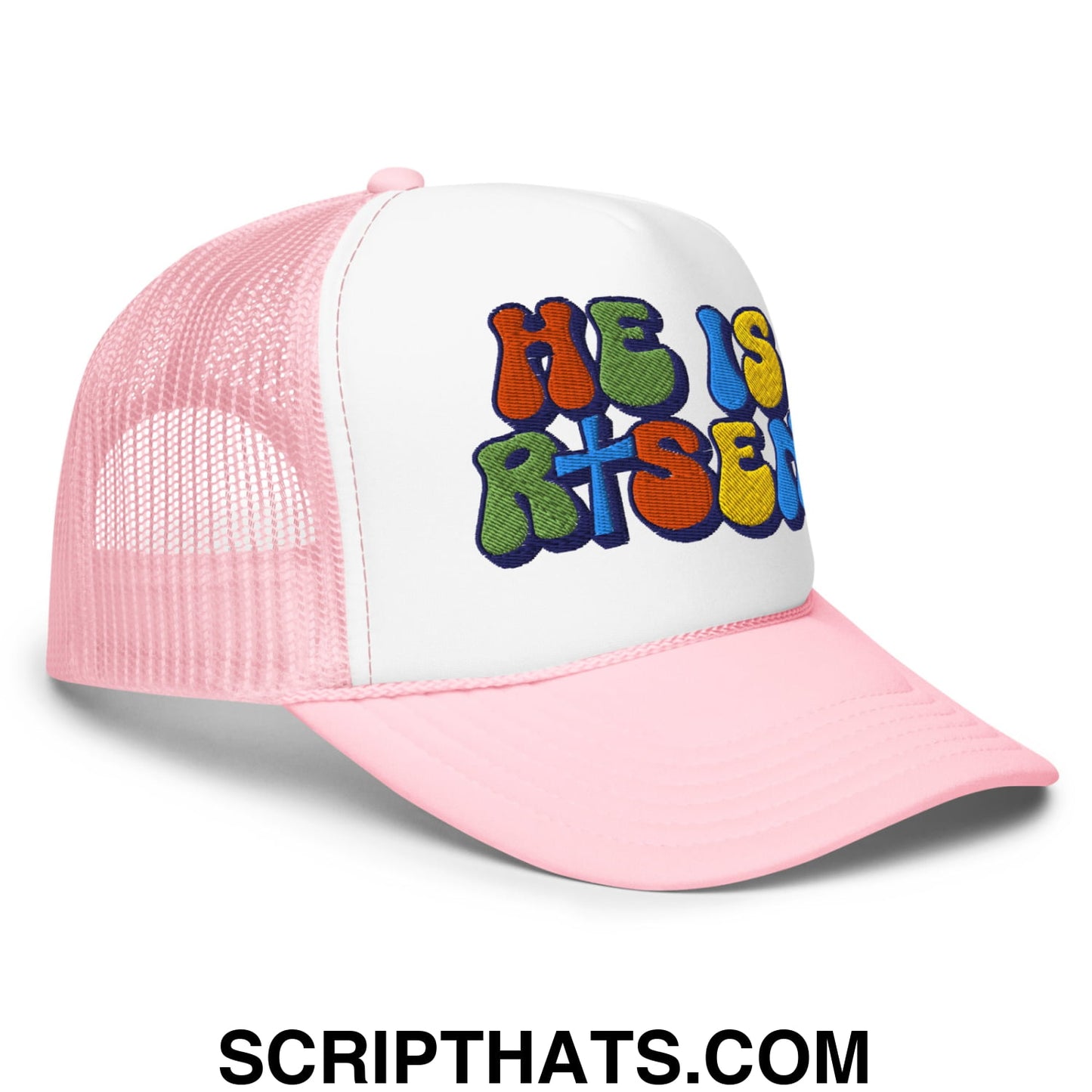 He Is Risen Jesus Easter Embroidered Foam Mesh Trucker Hat Light Pink White Light Pink