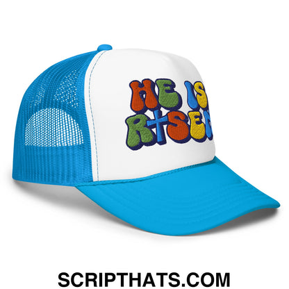 He Is Risen Jesus Easter Embroidered Foam Mesh Trucker Hat Blue White Blue