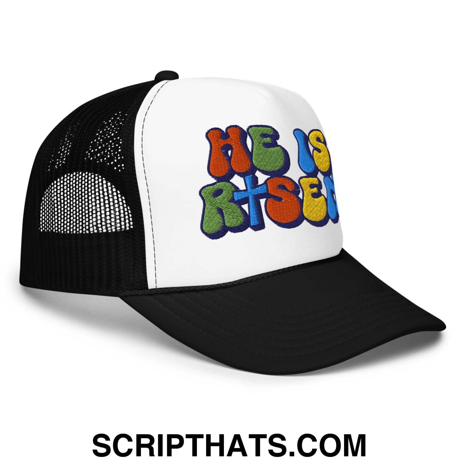 He Is Risen Jesus Easter Embroidered Foam Mesh Trucker Hat Black White Black