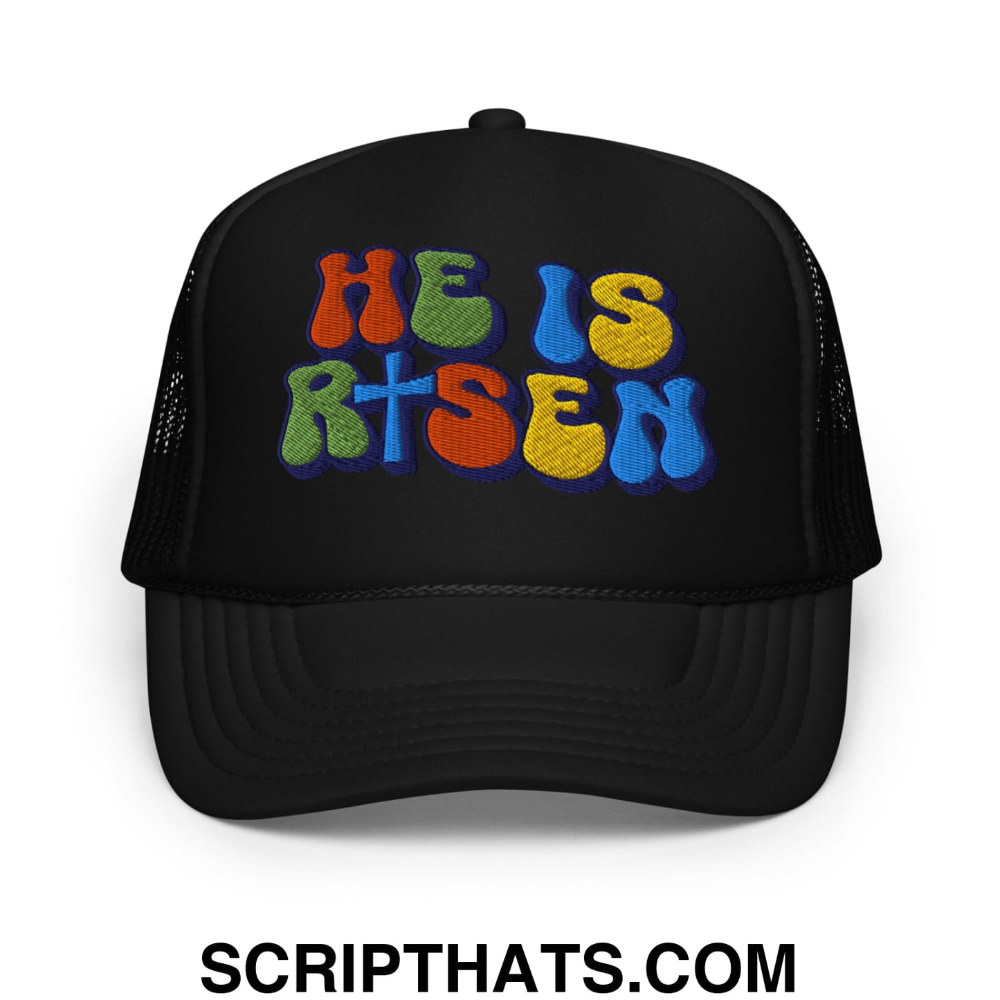 He Is Risen Jesus Easter Embroidered Foam Mesh Trucker Hat Black