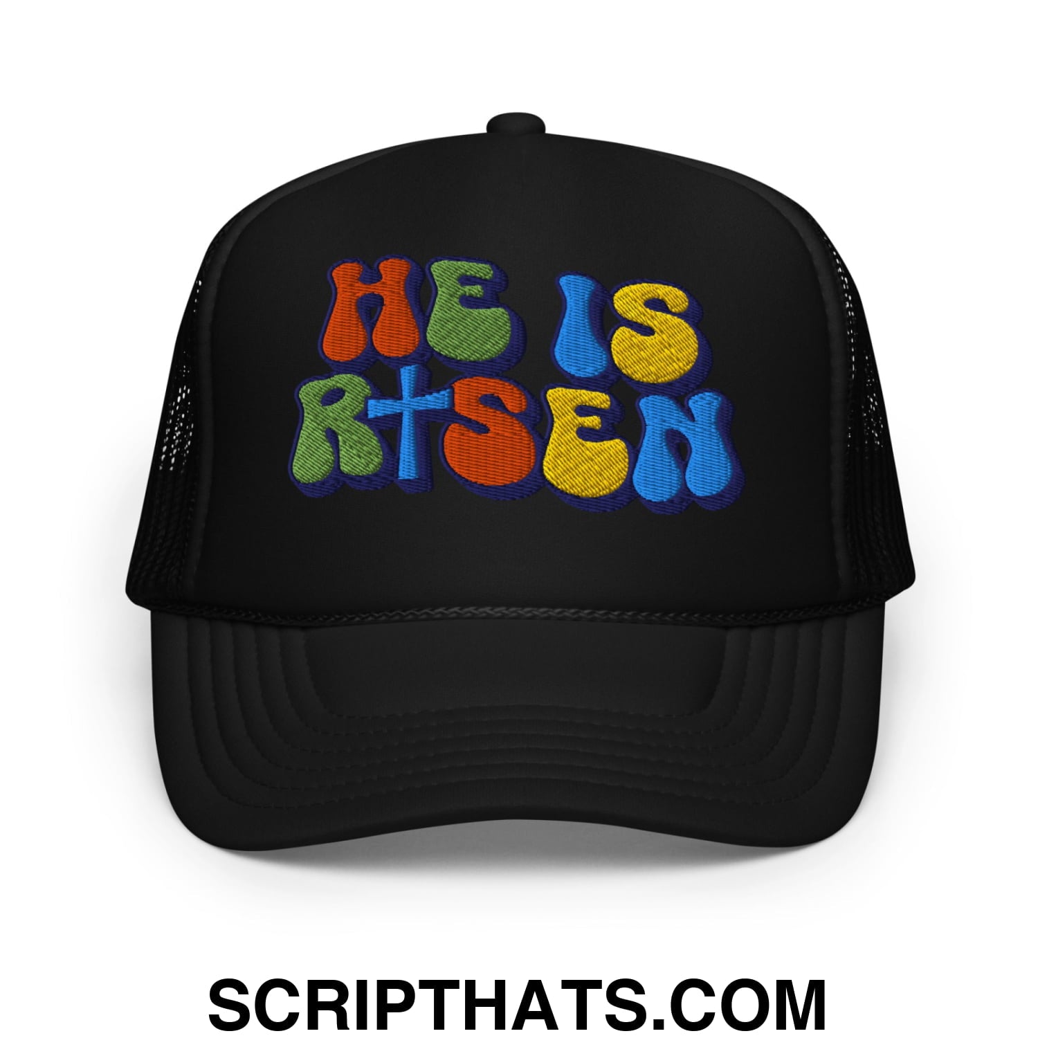 He Is Risen Jesus Easter Embroidered Foam Mesh Trucker Hat Black