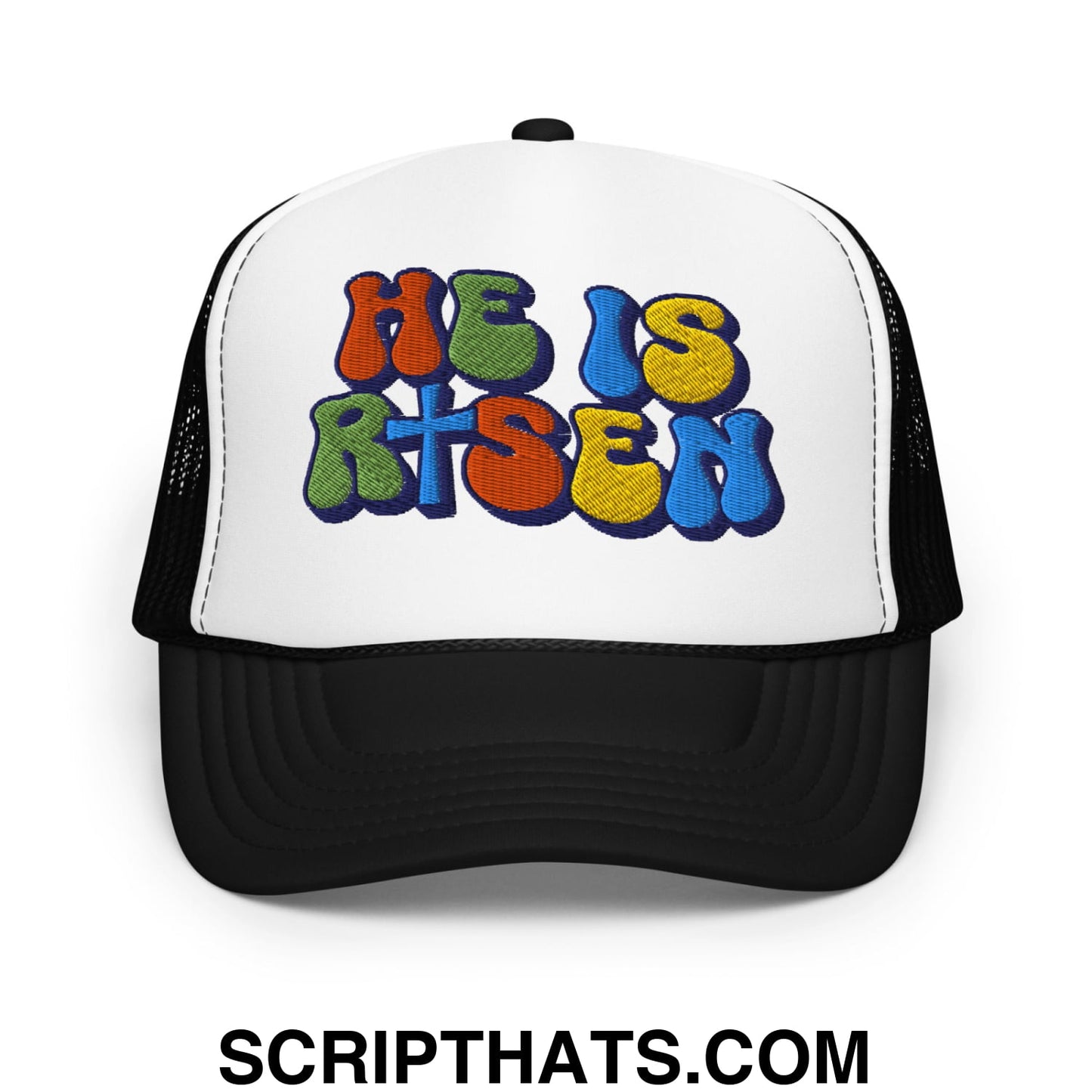 He Is Risen Jesus Easter Embroidered Foam Mesh Trucker Hat Black White Black