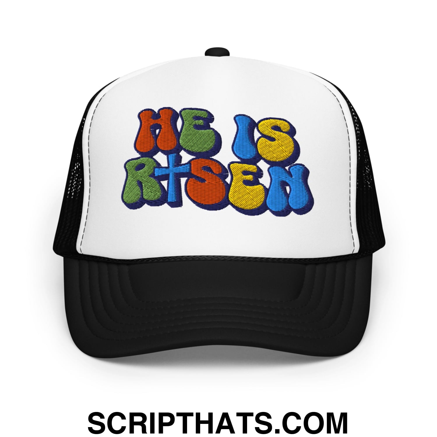 He Is Risen Jesus Easter Embroidered Foam Mesh Trucker Hat Black White Black
