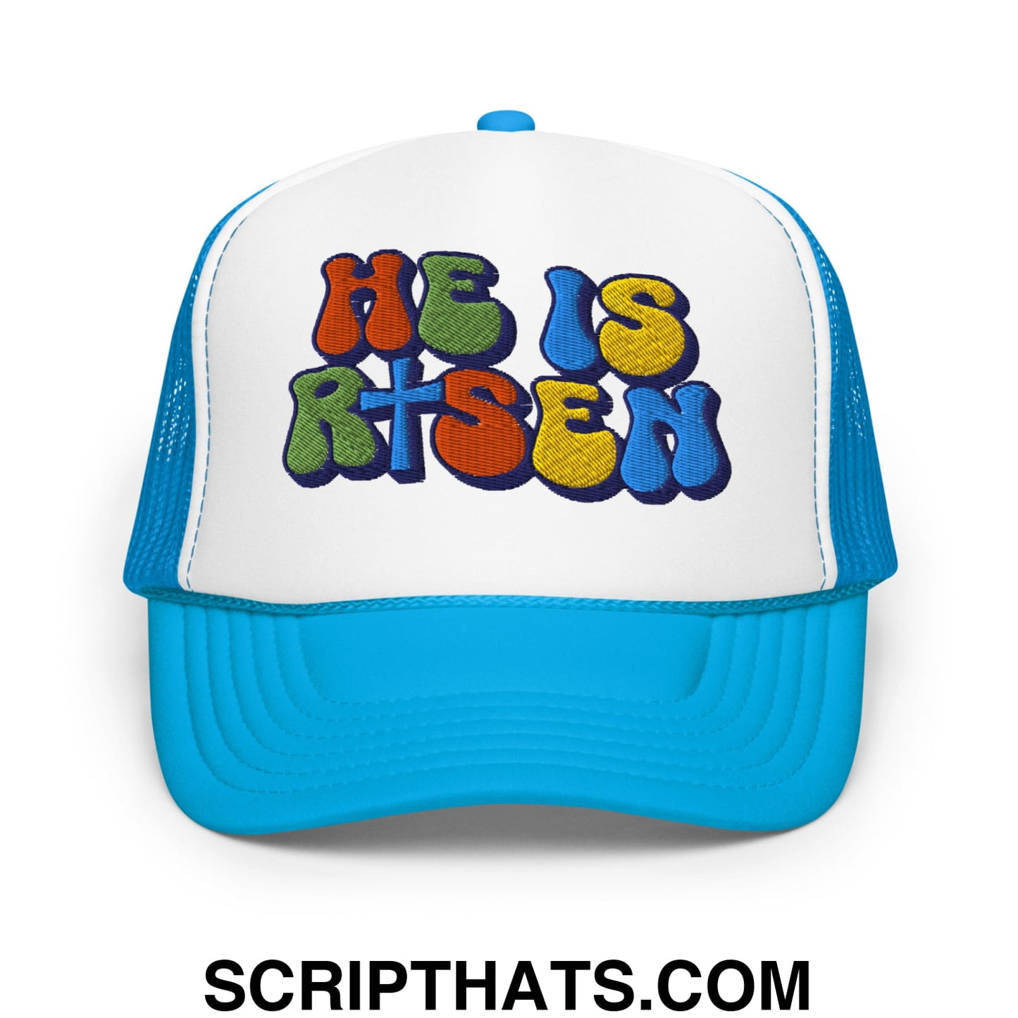 He Is Risen Jesus Easter Embroidered Foam Mesh Trucker Hat Blue White Blue