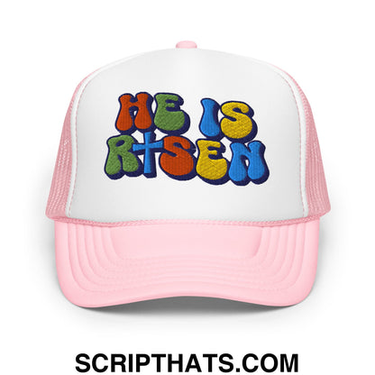 He Is Risen Jesus Easter Embroidered Foam Mesh Trucker Hat Light Pink White Light Pink