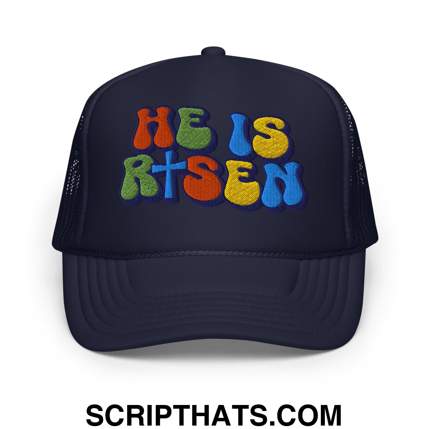 He Is Risen Jesus Easter Embroidered Foam Mesh Trucker Hat Navy