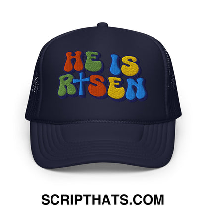 He Is Risen Jesus Easter Embroidered Foam Mesh Trucker Hat Navy