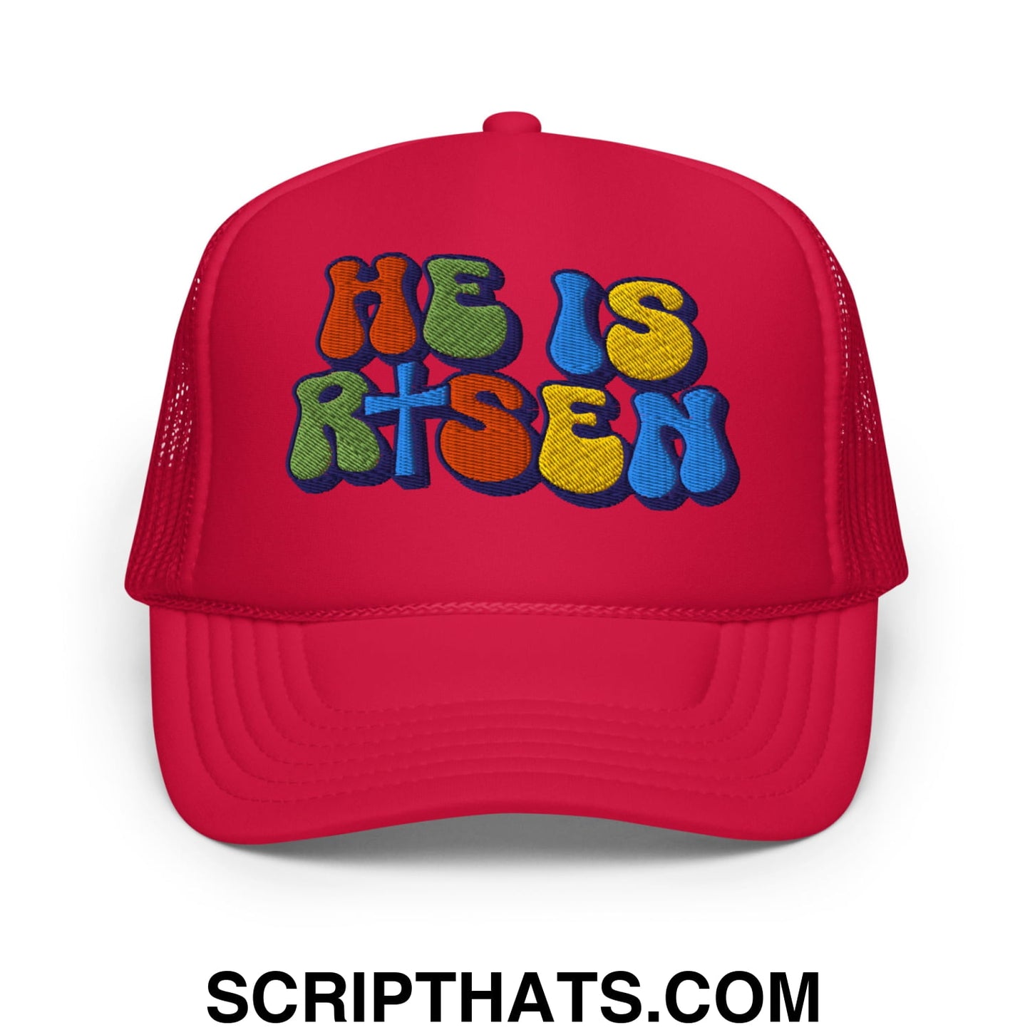 He Is Risen Jesus Easter Embroidered Foam Mesh Trucker Hat Red