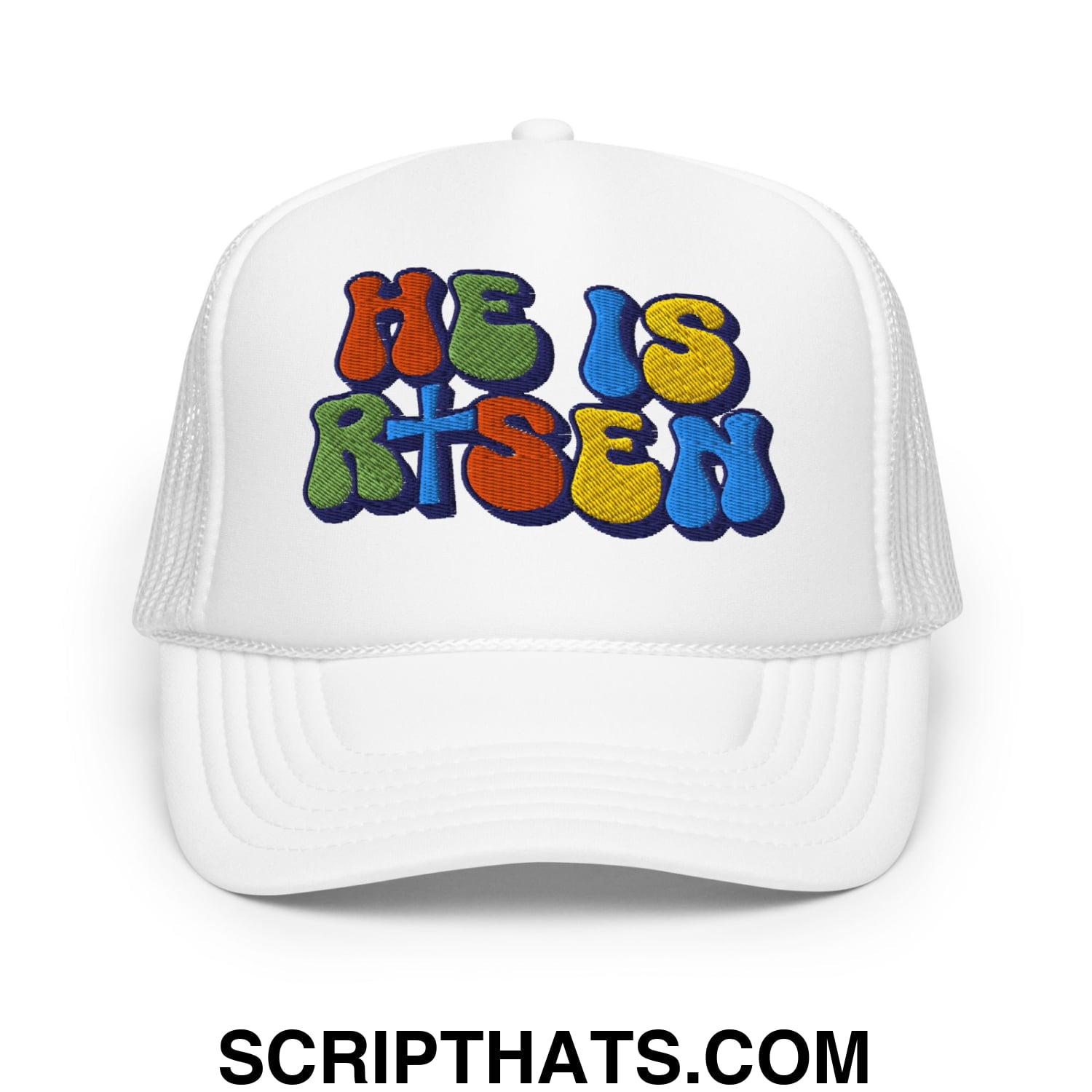 He Is Risen Jesus Easter Embroidered Foam Mesh Trucker Hat White