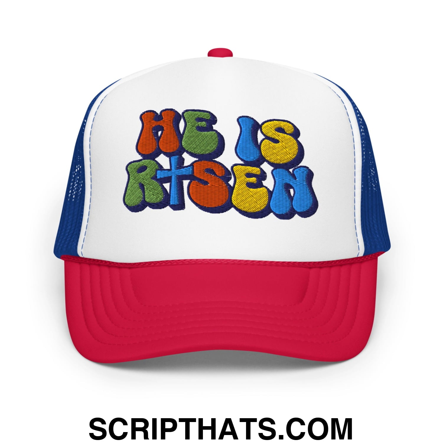 He Is Risen Jesus Easter Embroidered Foam Mesh Trucker Hat White Royal Red
