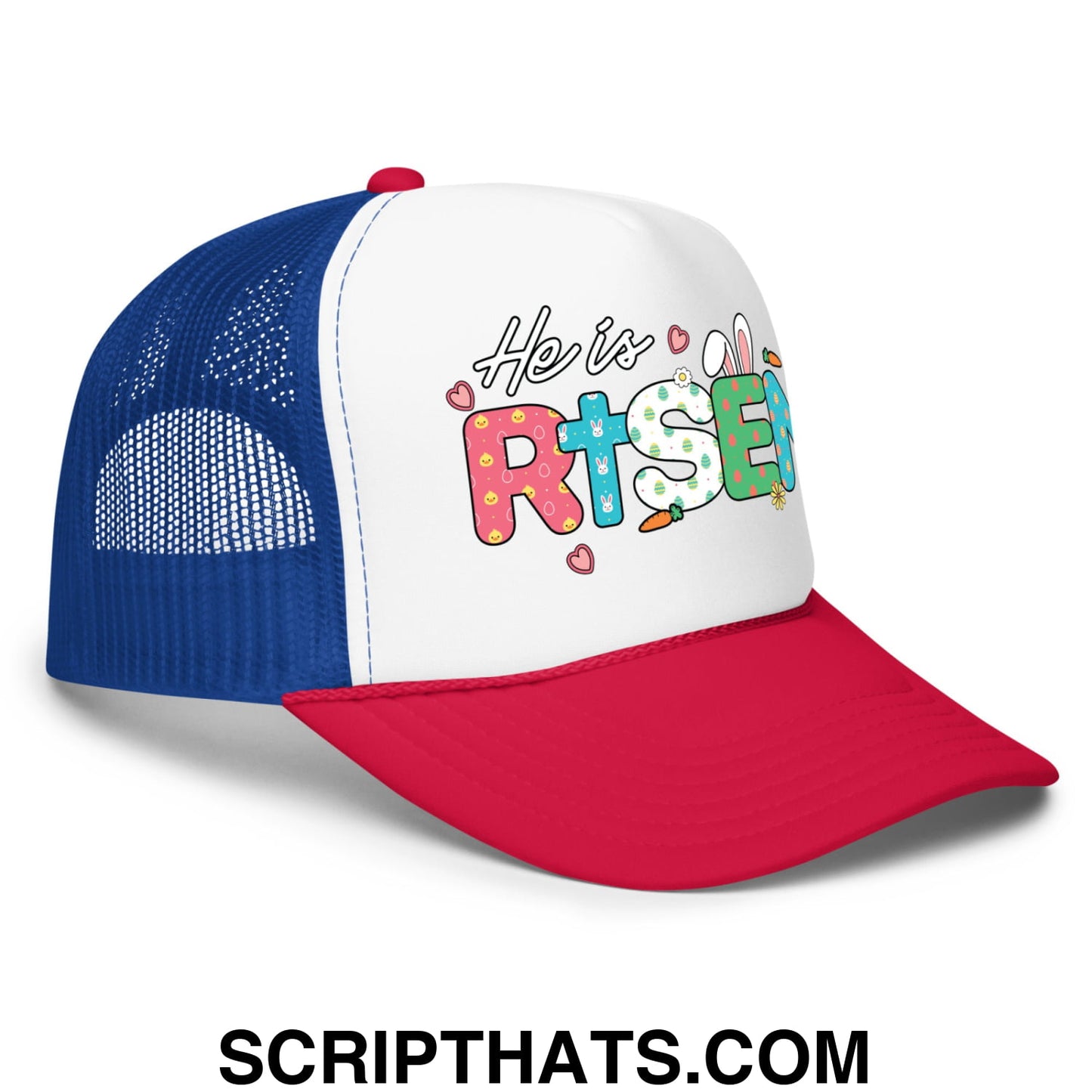 He Is Risen Jesus Easter Screenprinted Foam Mesh Trucker Hat White Royal Red