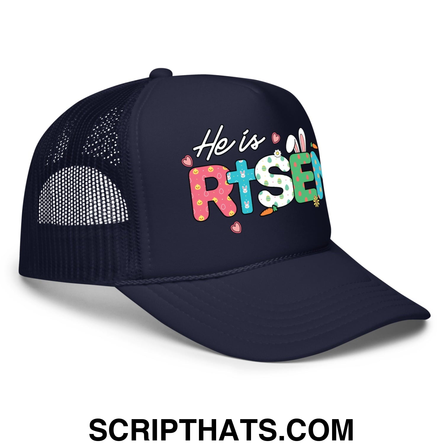 He Is Risen Jesus Easter Screenprinted Foam Mesh Trucker Hat Navy