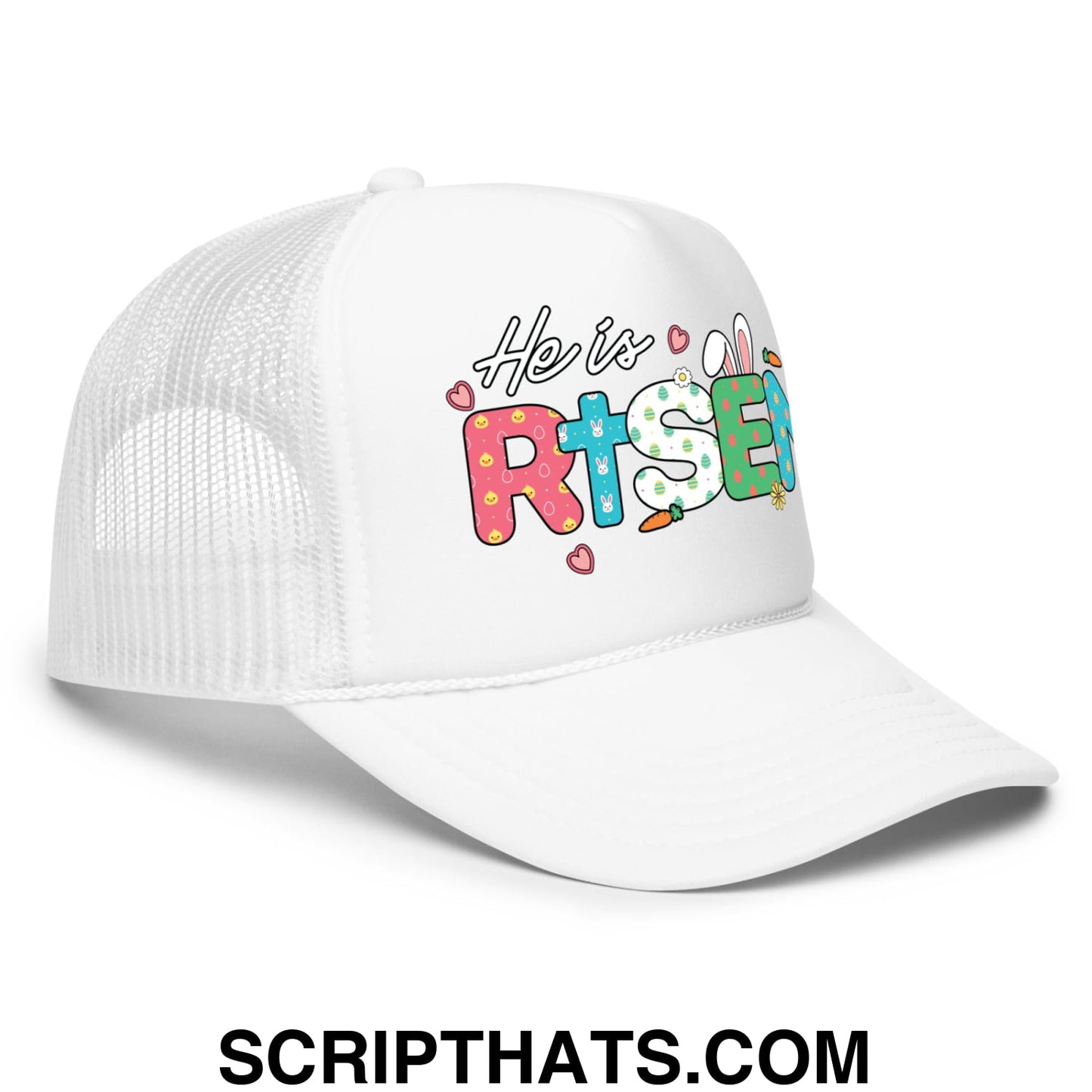 He Is Risen Jesus Easter Screenprinted Foam Mesh Trucker Hat White