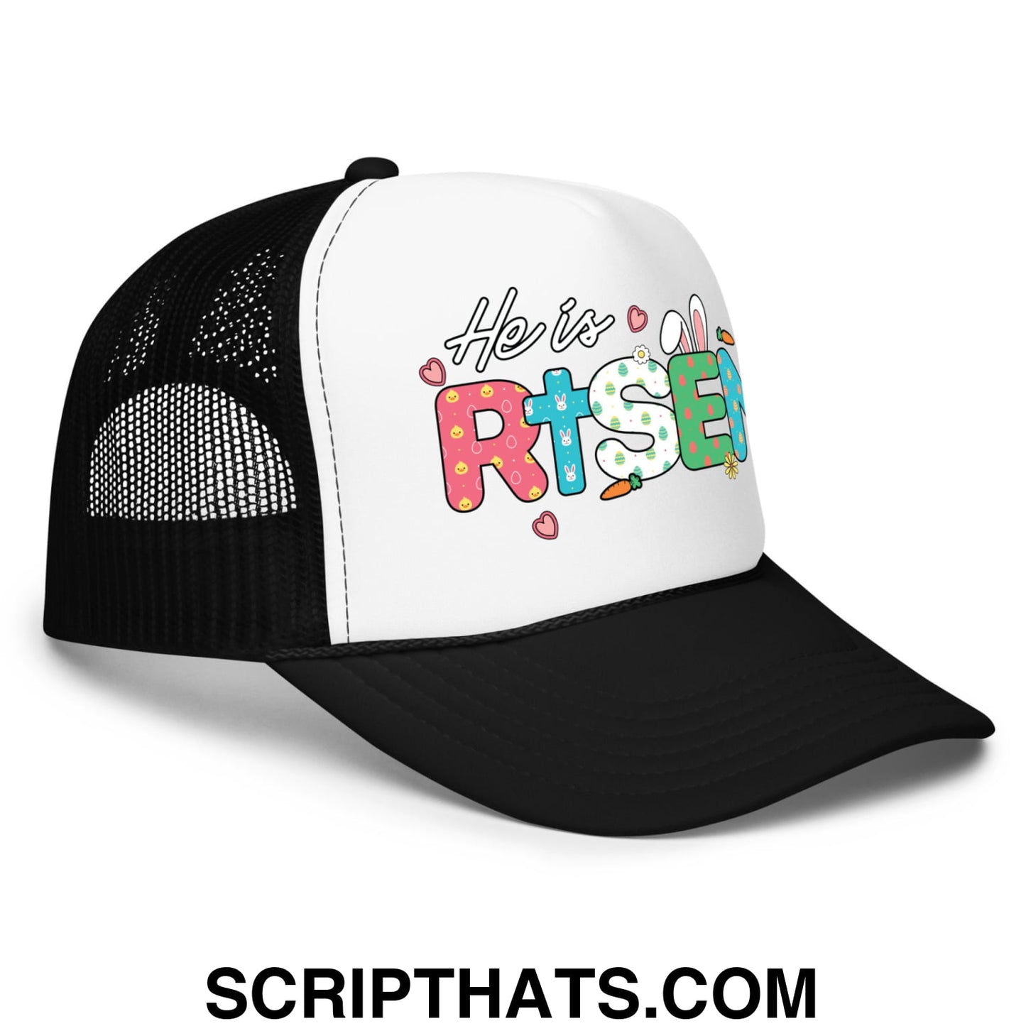 He Is Risen Jesus Easter Screenprinted Foam Mesh Trucker Hat Black White Black