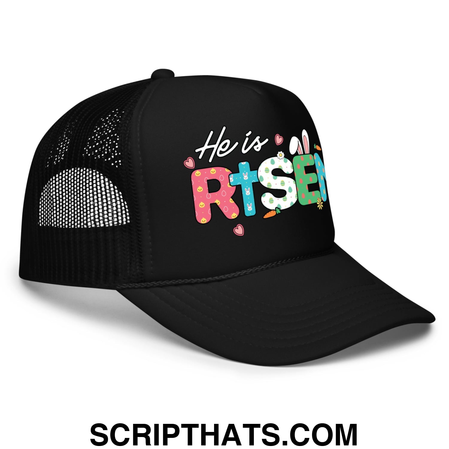 He Is Risen Jesus Easter Screenprinted Foam Mesh Trucker Hat Black