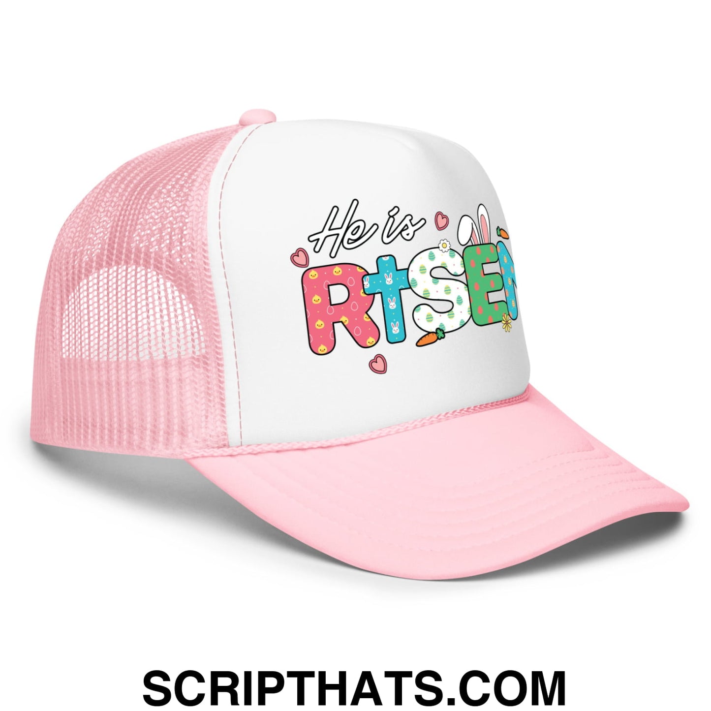 He Is Risen Jesus Easter Screenprinted Foam Mesh Trucker Hat Light Pink White Light Pink