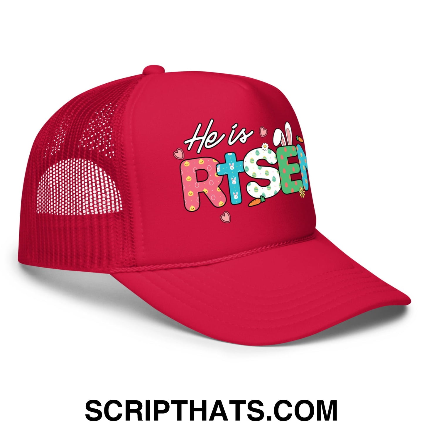 He Is Risen Jesus Easter Screenprinted Foam Mesh Trucker Hat Red