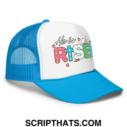 He Is Risen Jesus Easter Screenprinted Foam Mesh Trucker Hat Blue White Blue