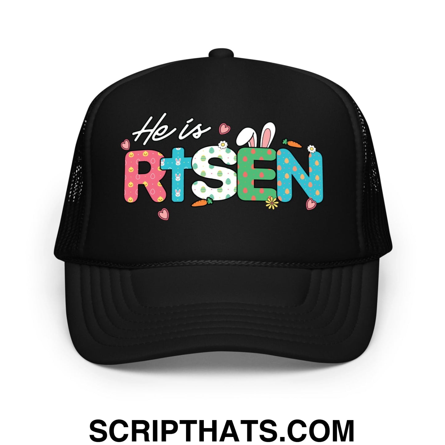 He Is Risen Jesus Easter Screenprinted Foam Mesh Trucker Hat Black
