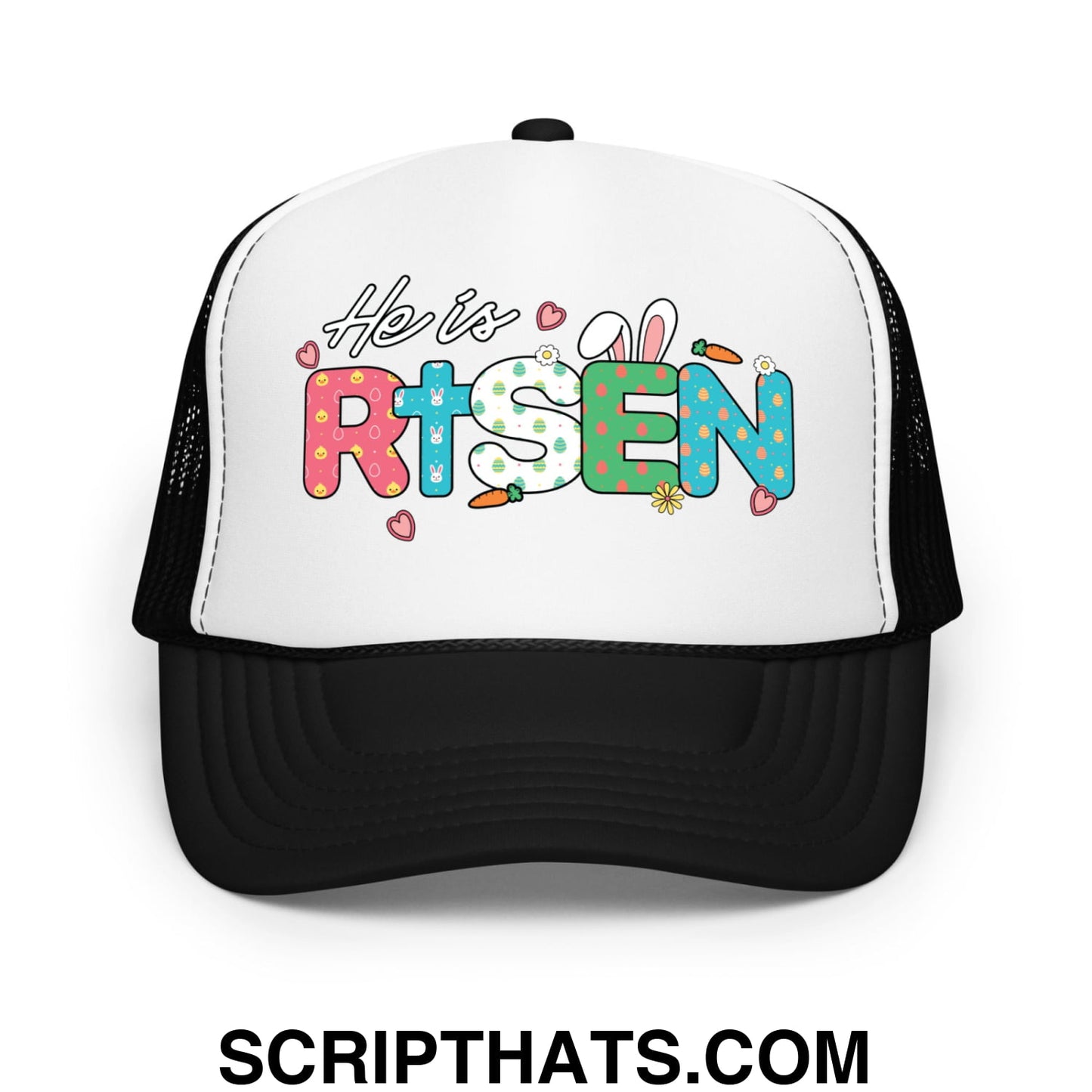 He Is Risen Jesus Easter Screenprinted Foam Mesh Trucker Hat Black White Black