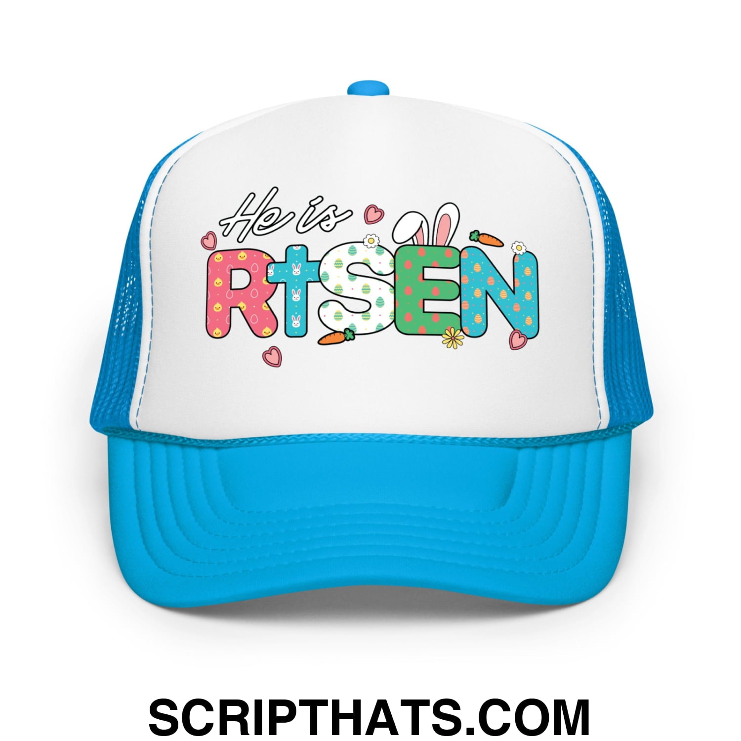 He Is Risen Jesus Easter Screenprinted Foam Mesh Trucker Hat Blue White Blue