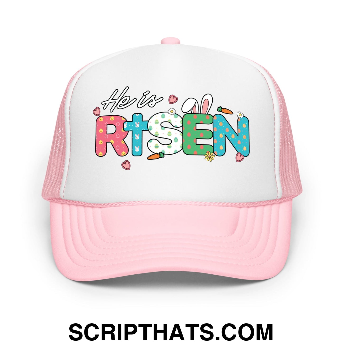 He Is Risen Jesus Easter Screenprinted Foam Mesh Trucker Hat Light Pink White Light Pink