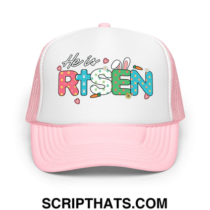 He Is Risen Jesus Easter Screenprinted Foam Mesh Trucker Hat Light Pink White Light Pink