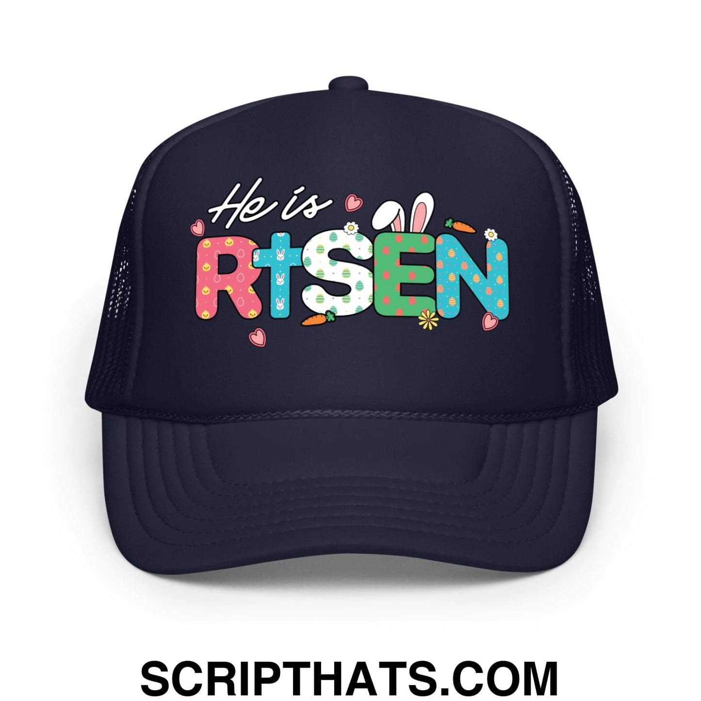 He Is Risen Jesus Easter Screenprinted Foam Mesh Trucker Hat Navy