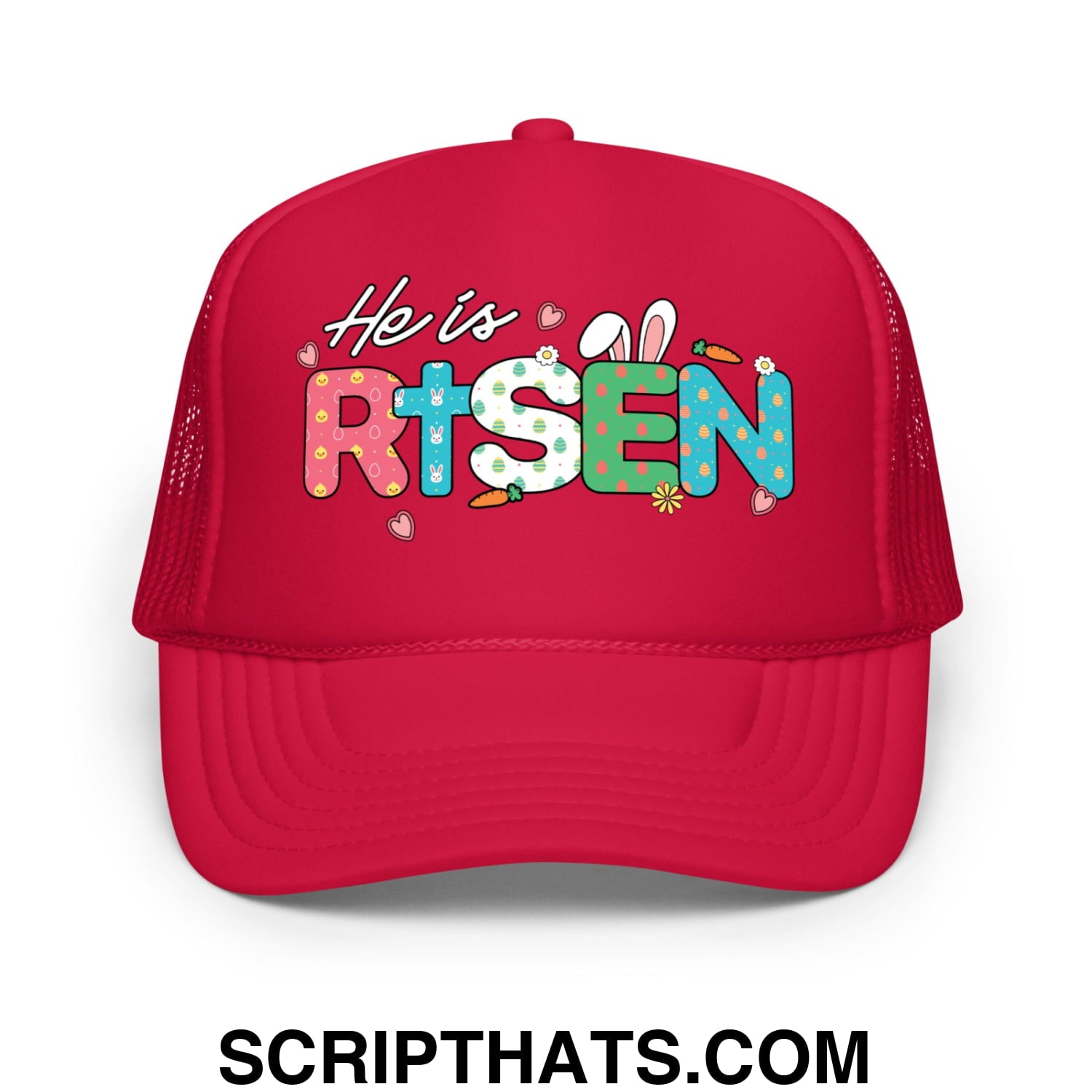 He Is Risen Jesus Easter Screenprinted Foam Mesh Trucker Hat Red